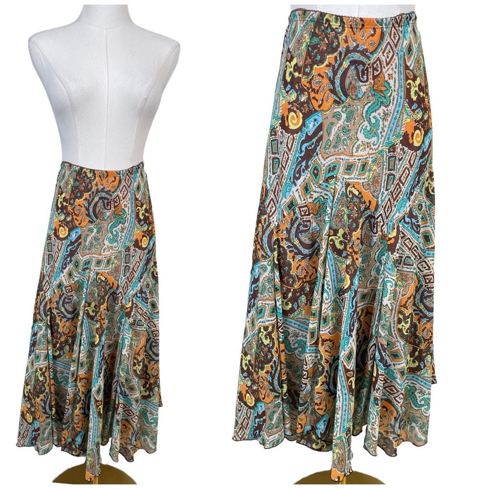 Vintage Newsworthy Paisley Midi Skirt‎ Women 1X Blue Boho Handkerchief Hem Y2K